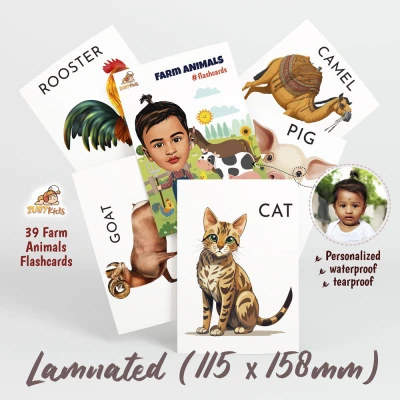 Farm / Domestic animals flashcards for toddlers or kids (kindergarten), laminated for waterproof, tearproof and durability
